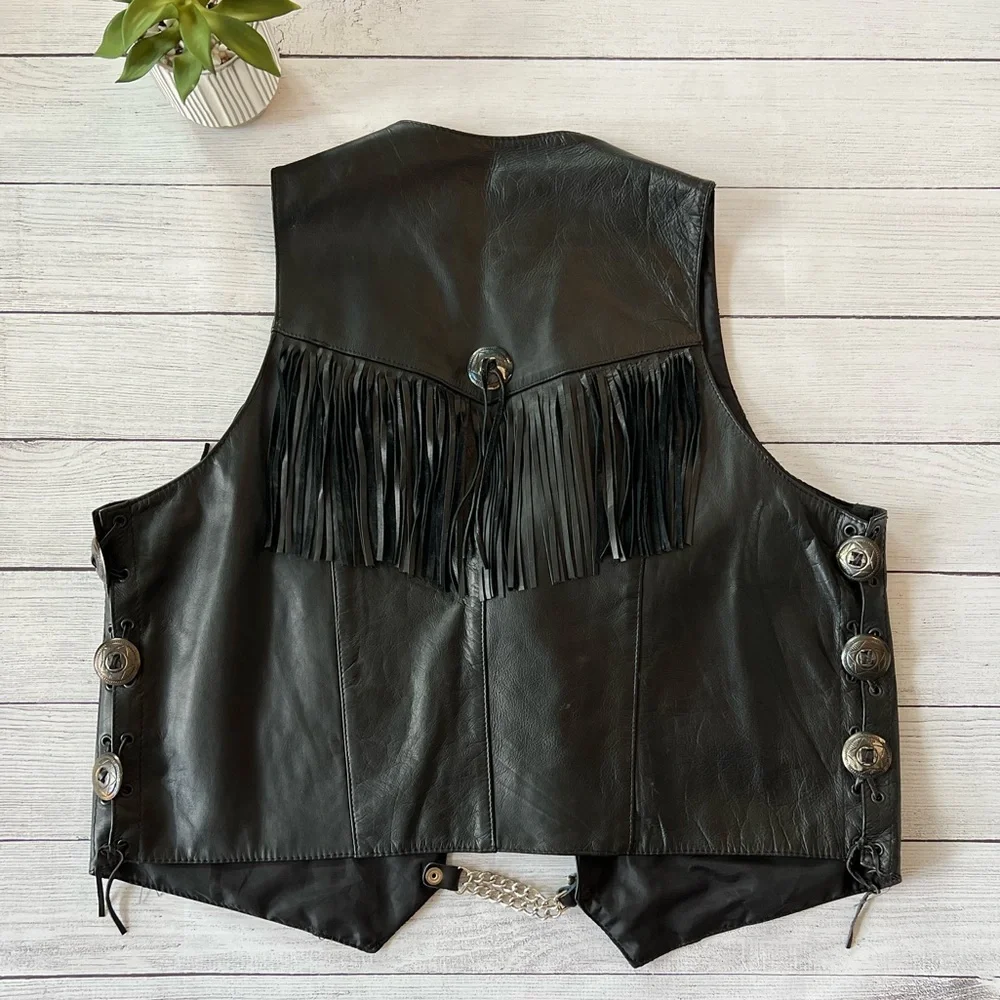 🌾 Vintage Fringe Leather‎ Vest with Chain Extensions